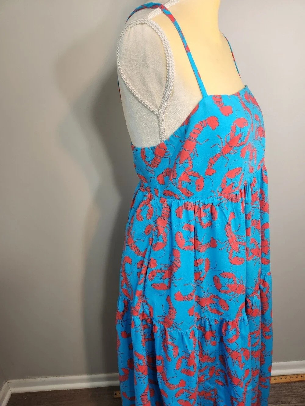 J. Crew Blue Lobster Print Tiered Cotton Maxi Dress 12 Vaca Summer Coastal - Picture 5 of 14